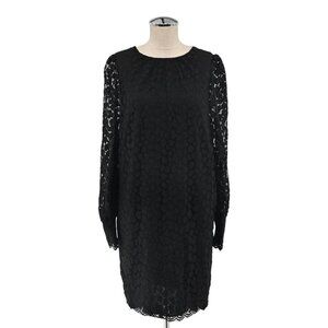 WHISTLES Dress Womens Sz 12 Black Animal Lace Tie Detail Sheer Puff Sleeve Shift